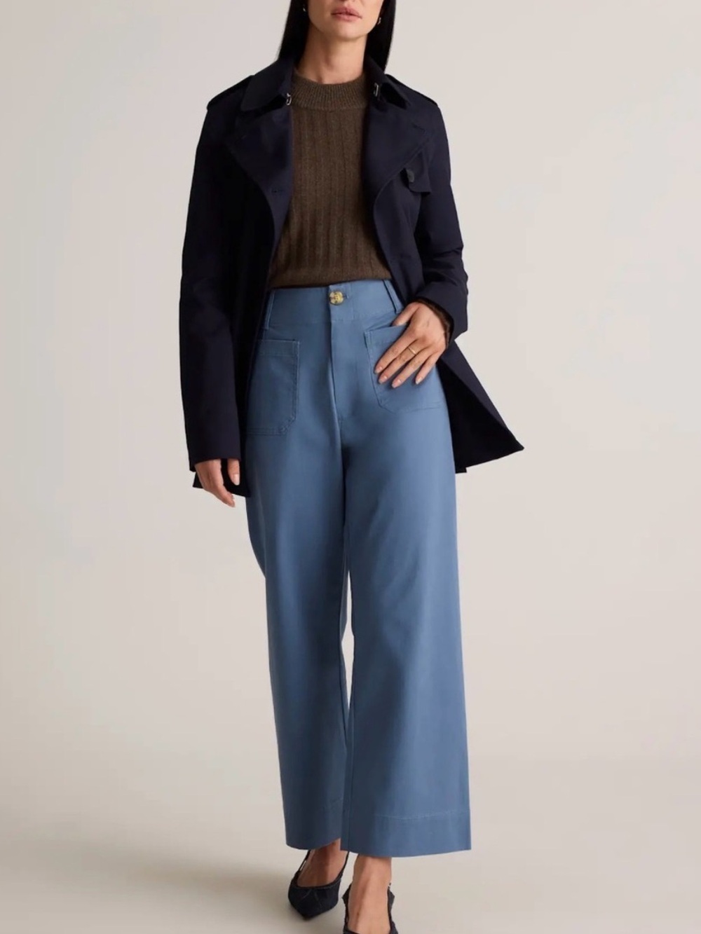 Quince Organic Stretch Cotton Chino Cropped Wide Leg Pants in Aegean Blue